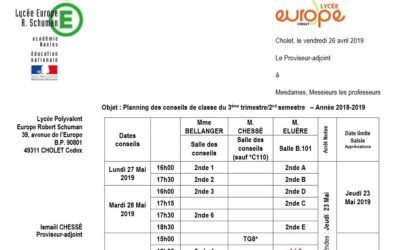 Planning des conseils de classe du 3ème trimestre/2nd semestre – Année 2018-2019