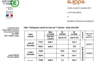 Planning des conseils de classe du 1er trimestre – Année 2019-2020