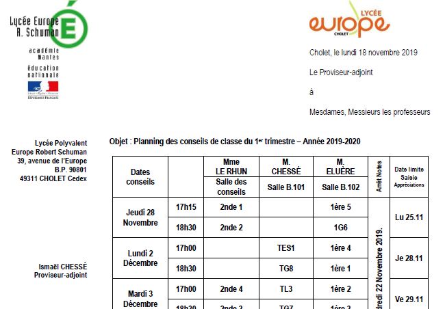 Planning des conseils de classe du 1er trimestre – Année 2019-2020