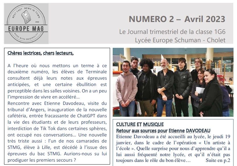 EUROPE MAG NUMERO 2 – Avril 2023 Le Journal trimestriel de la classe 1G6